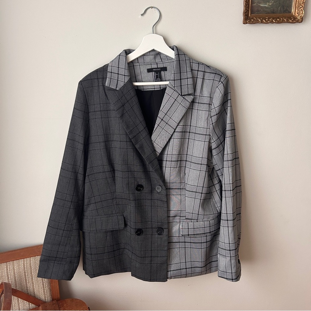 Two-Tone Plaid Double-Breasted Blazer - Black & Light Gray